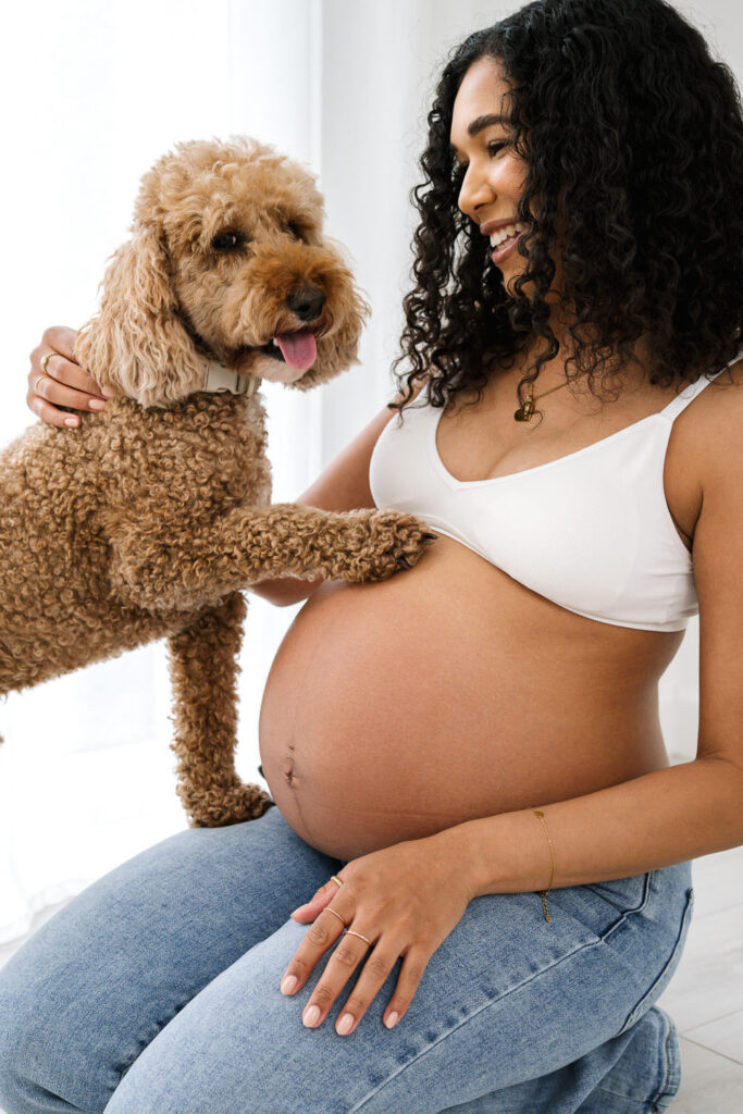 Pregnant woman's dog gently touching her baby bump during a maternity photography session in Nottingham